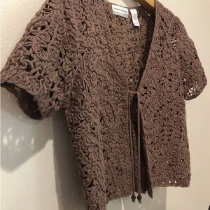 Alfred Dunner Taupe Crochet Short Sleeve Tie-Front Cardigan